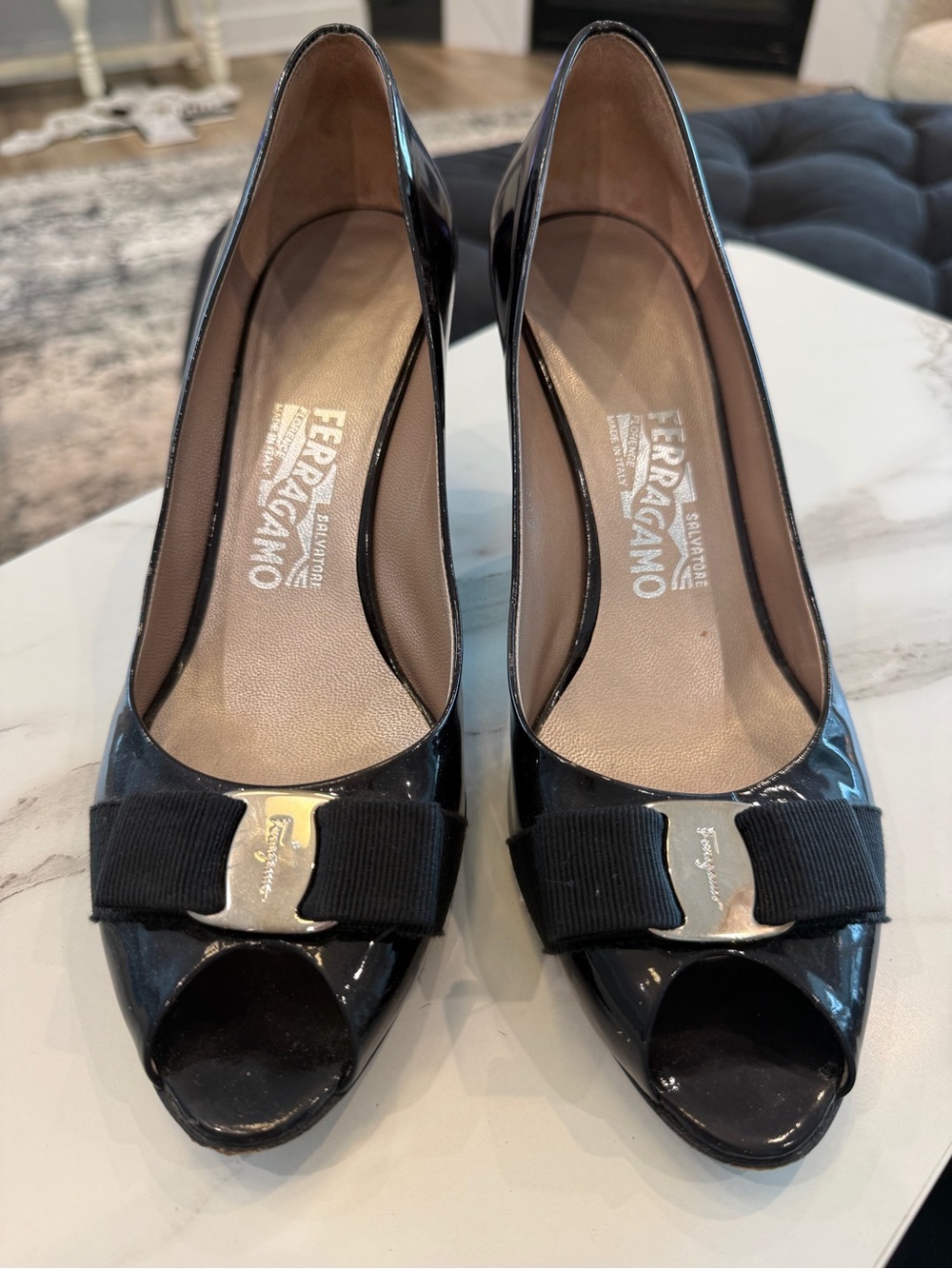 Salvatore Ferragamo Black Patent Peep-Toe Bow Pumps